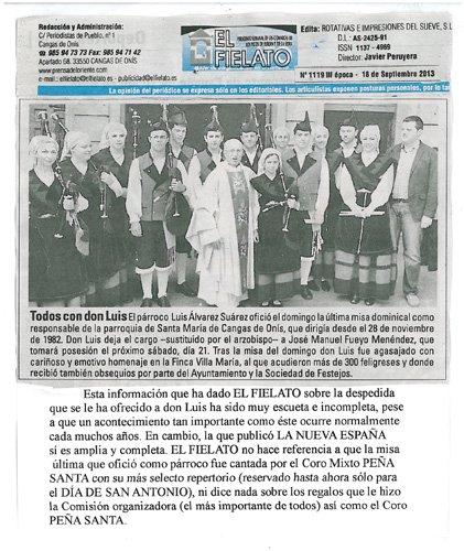 DESPEDIDA al párroco DON LUIS y toma de posesión del nuevo párroco DON JOSÉ MANUEL